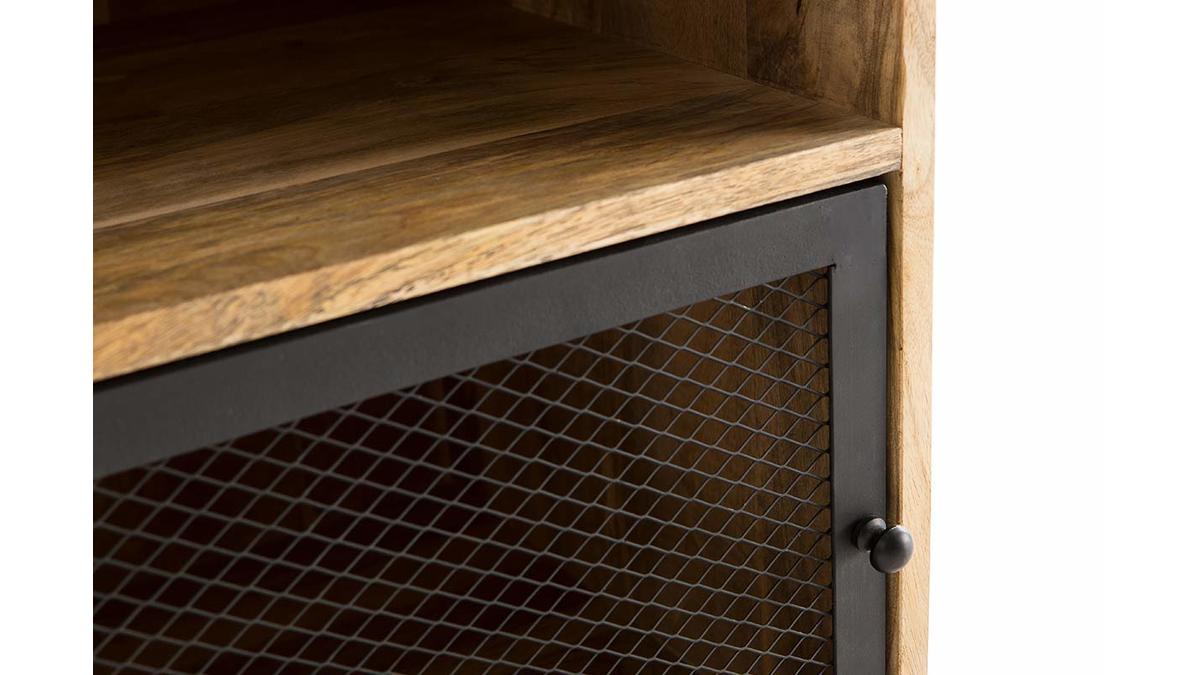 Table de chevet avec rangements industriel bois clair manguier massif et mtal perfor L43 cm RACK