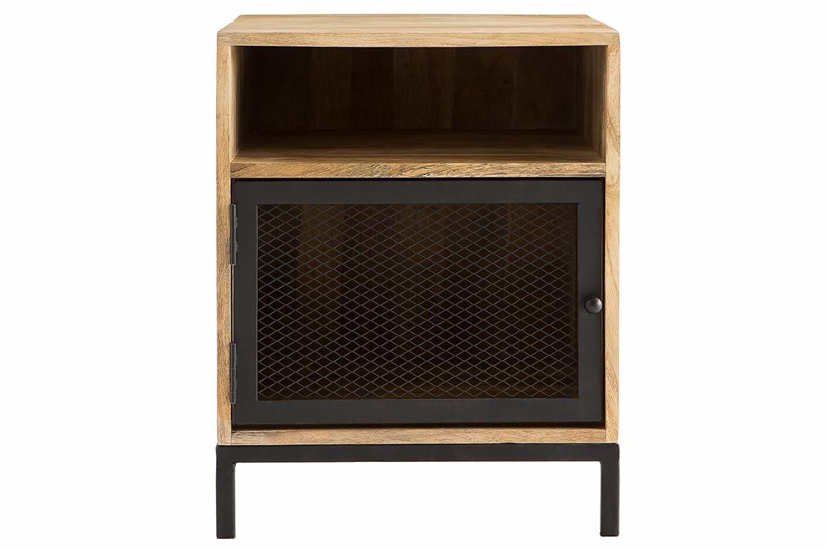 Table de chevet avec rangements industriel bois manguier massif et mtal perfor RACK