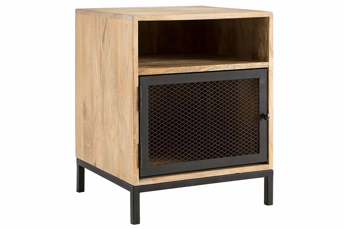Table de chevet avec rangements industriel bois manguier massif et mtal perfor RACK