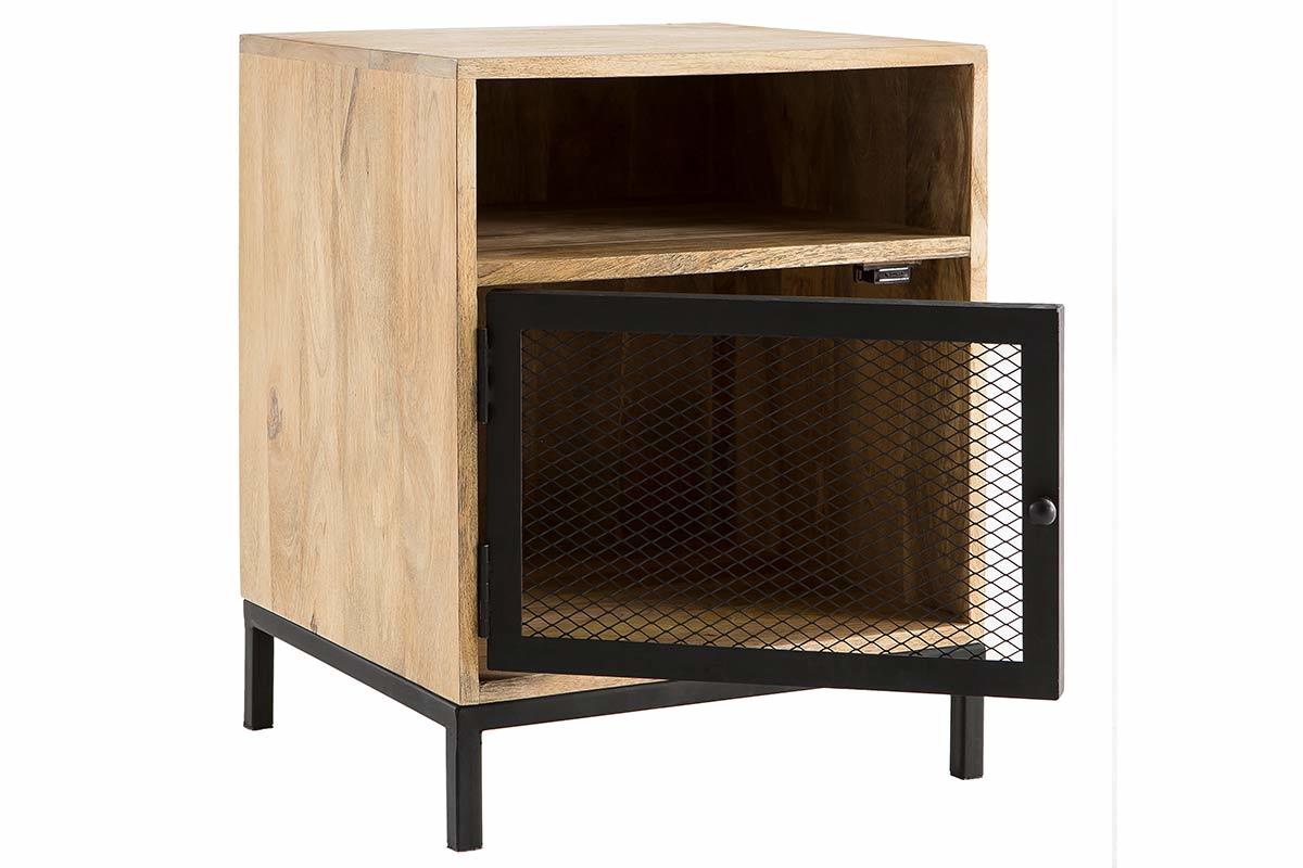 Table de chevet avec rangements industriel bois manguier massif et mtal perfor RACK
