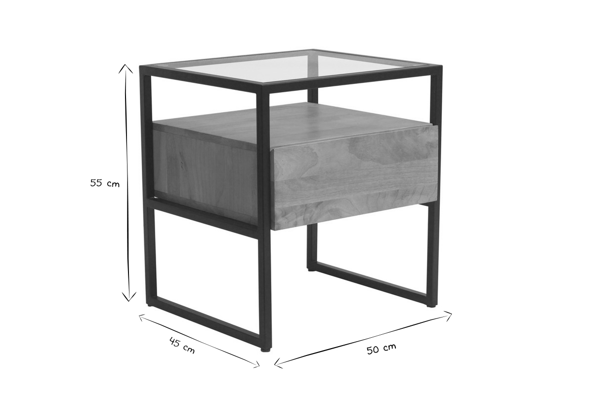 Table de chevet avec tiroir en bois manguier massif, verre et mtal noir DIYA