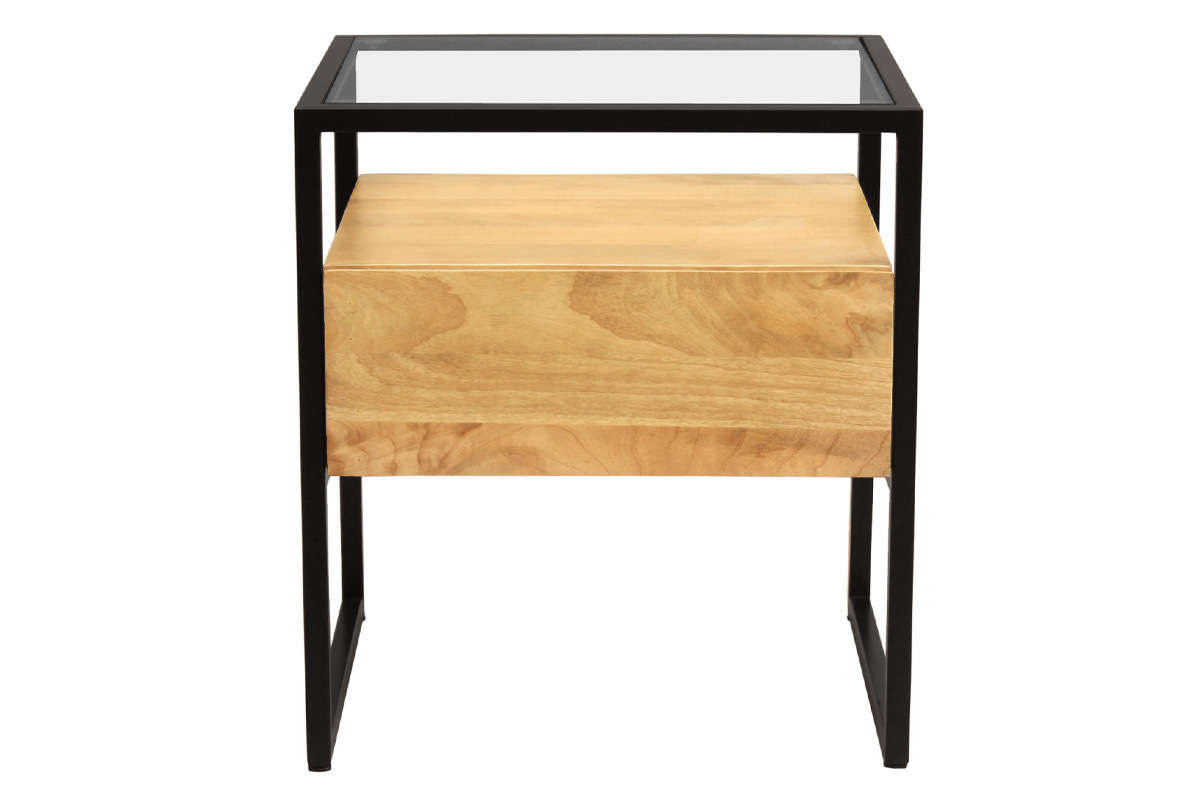 Table de chevet avec tiroir en bois manguier massif, verre et mtal noir DIYA