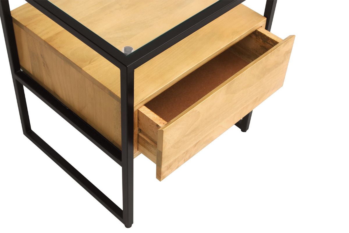Table de chevet avec tiroir en bois manguier massif, verre et mtal noir DIYA