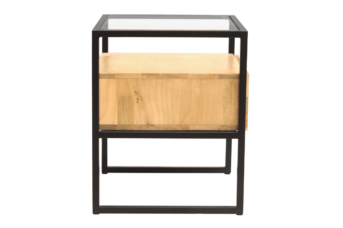 Table de chevet avec tiroir en bois manguier massif, verre et mtal noir DIYA