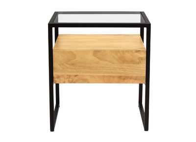 Table de chevet avec tiroir en bois manguier massif, verre et métal noir DIYA