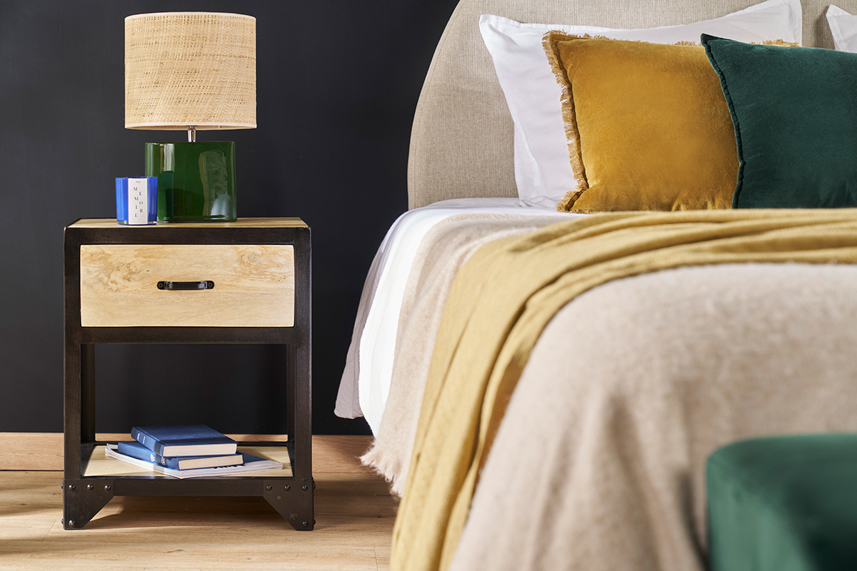 Table de chevet avec tiroir industrielle en bois manguier massif INDUSTRIA