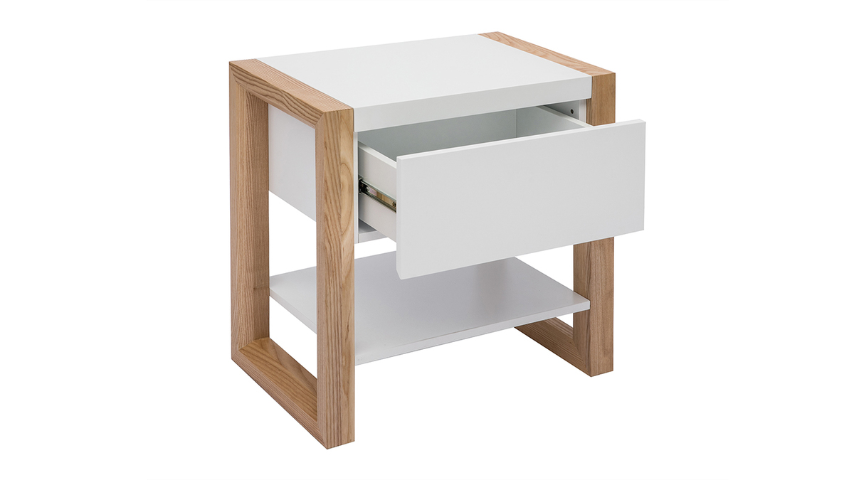 Table de chevet blanc et bois clair chne L55 cm ARMEL