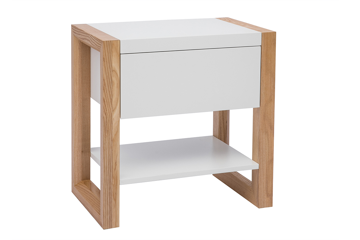 Table de chevet blanc et bois clair frne massif ARMEL