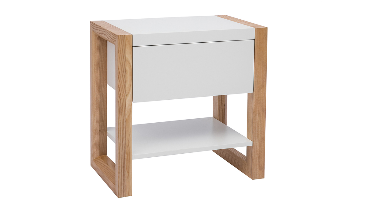 Table de chevet blanc et bois clair frêne massif L55 cm ARMEL