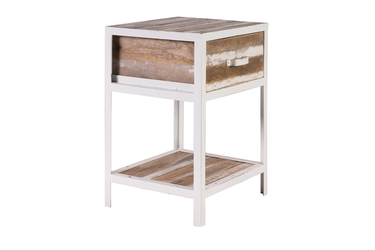 Table de chevet bois et m�tal blanc ROCHELLE
