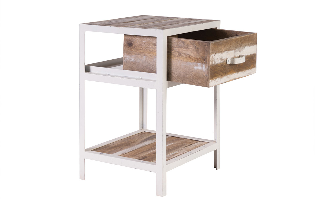 Table de chevet bois et m�tal blanc ROCHELLE