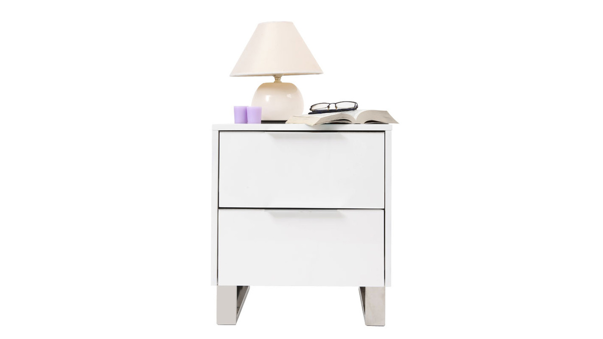 Table de chevet design blanc laqu et acie chrom L45 cm HALIFAX