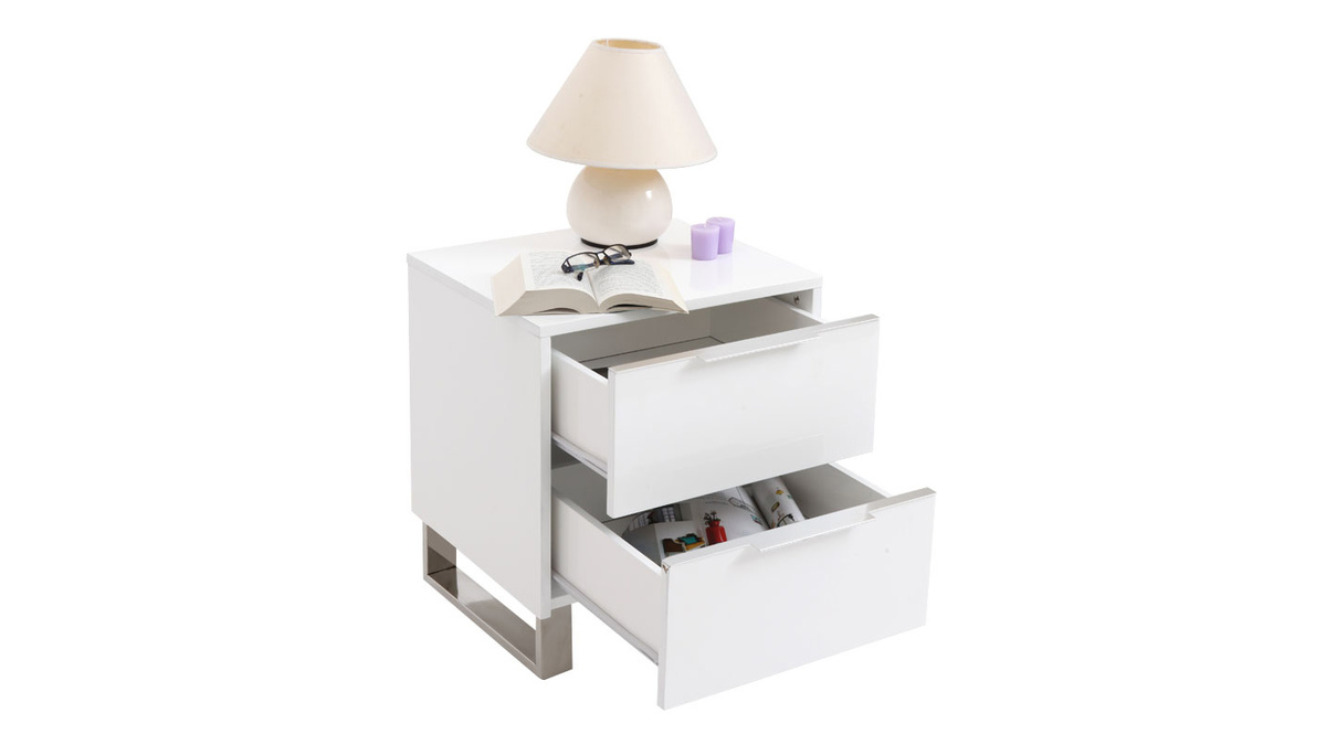 Table de chevet design blanc laqu et acie chrom L45 cm HALIFAX