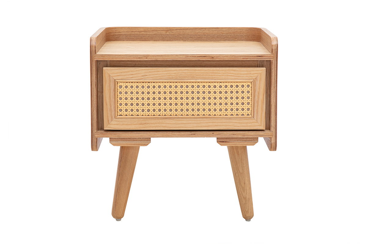 Table de chevet en bois clair fr�ne et cannage rotin ELSY