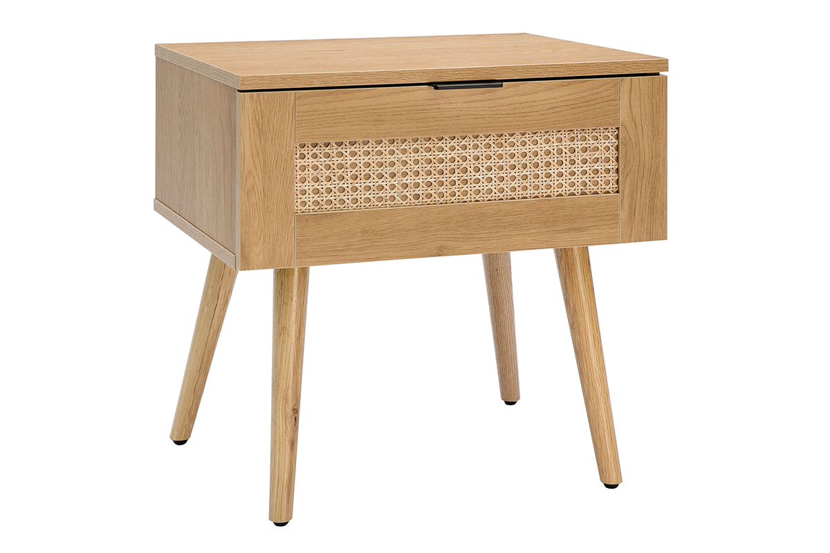 Table de chevet finition bois clair, cannage rotin et mtal noir MANILLE