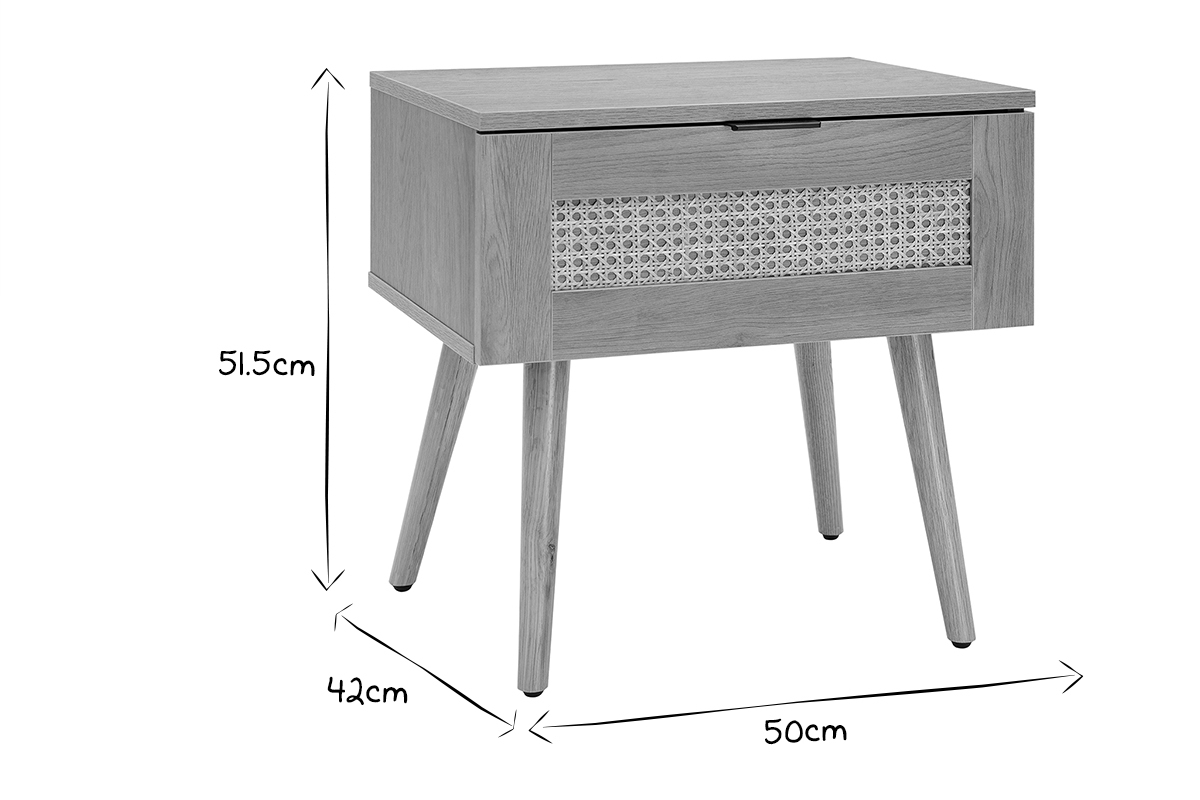 Table de chevet finition bois clair, cannage rotin et mtal noir MANILLE