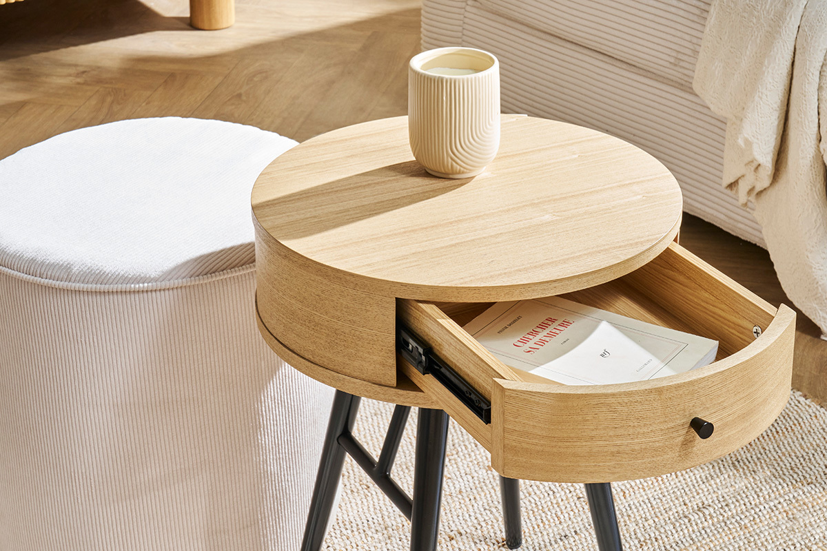 Table de chevet ronde avec tiroir bois clair et mtal noir KORAL