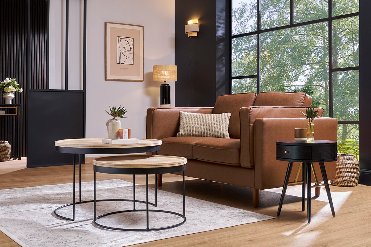 Table de chevet ronde avec tiroir bois et mtal noir D41 cm KORAL