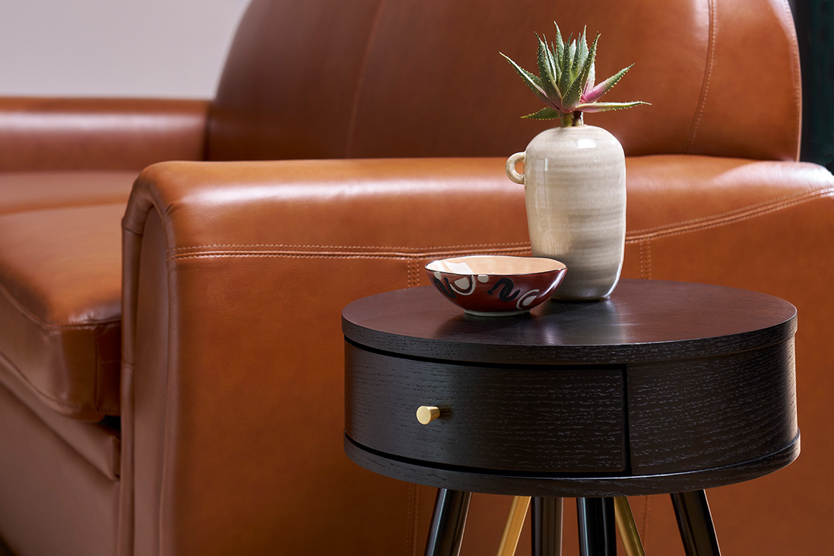 Table de chevet ronde avec tiroir bois et mtal noir D41 cm KORAL