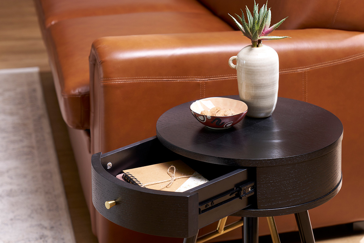 Table de chevet ronde avec tiroir bois et mtal noir D41 cm KORAL