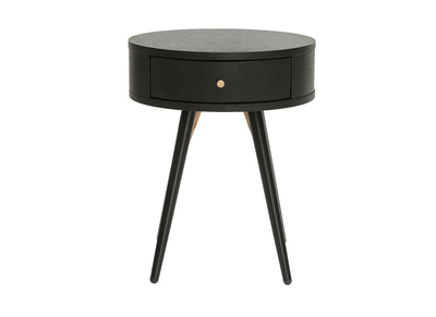 Table de chevet ronde avec tiroir bois et métal noir KORAL