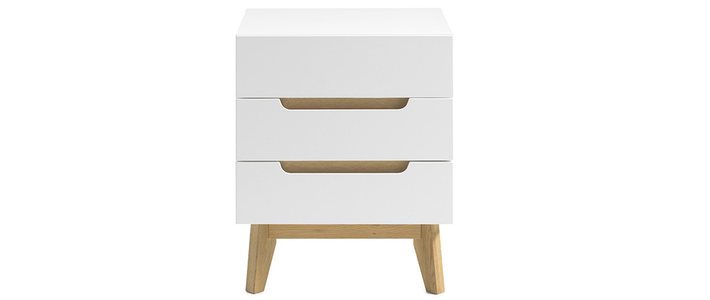 Table de chevet scandinave 3 tiroirs blanc mat et bois SKIVE