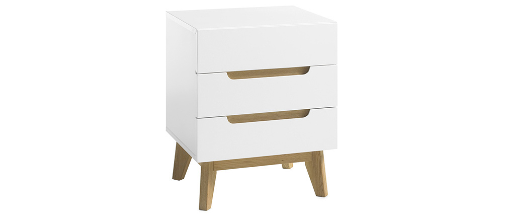 Table de chevet scandinave 3 tiroirs blanc mat et bois SKIVE