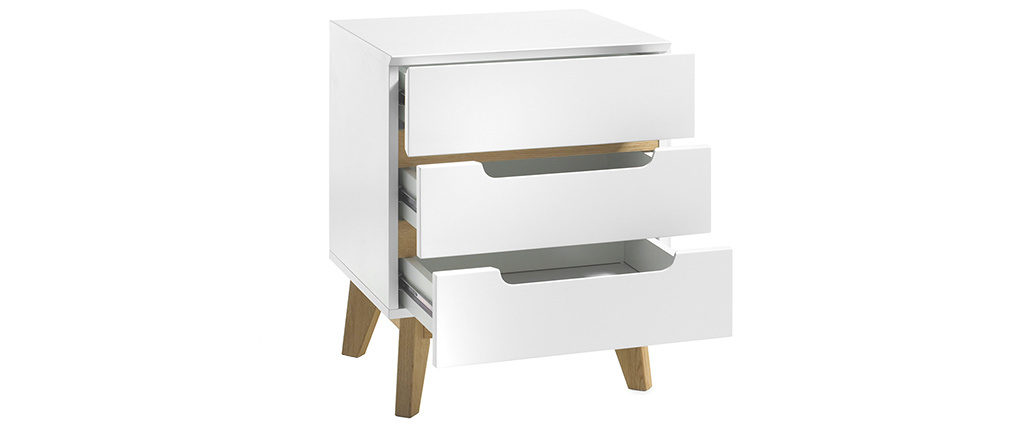 Table de chevet scandinave 3 tiroirs blanc mat et bois SKIVE