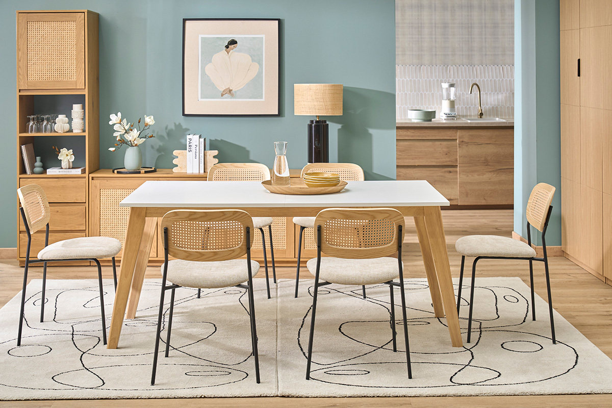 Table extensible rallonges int�gr�es rectangulaire blanche et bois clair L160-205 cm SWAD