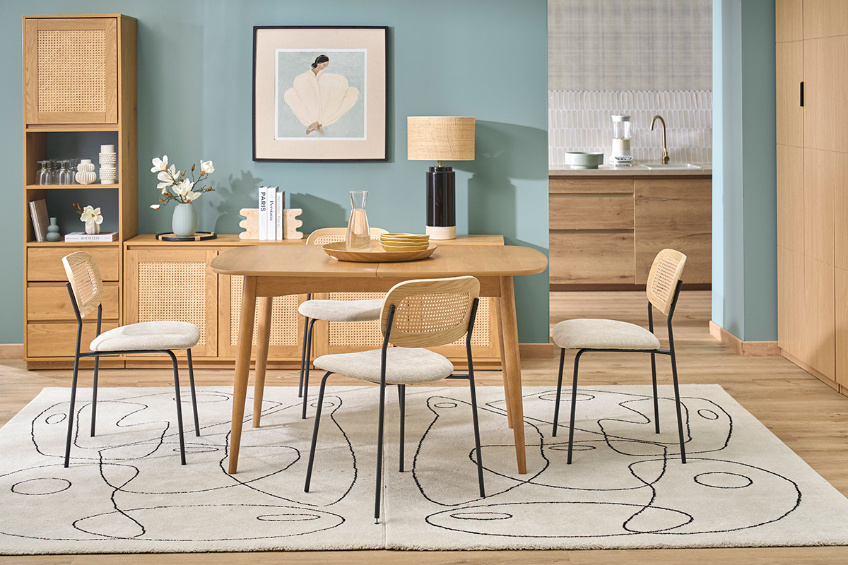 Table extensible rallonges int�gr�es rectangulaire en bois clair ch�ne L130-160 cm HELMA