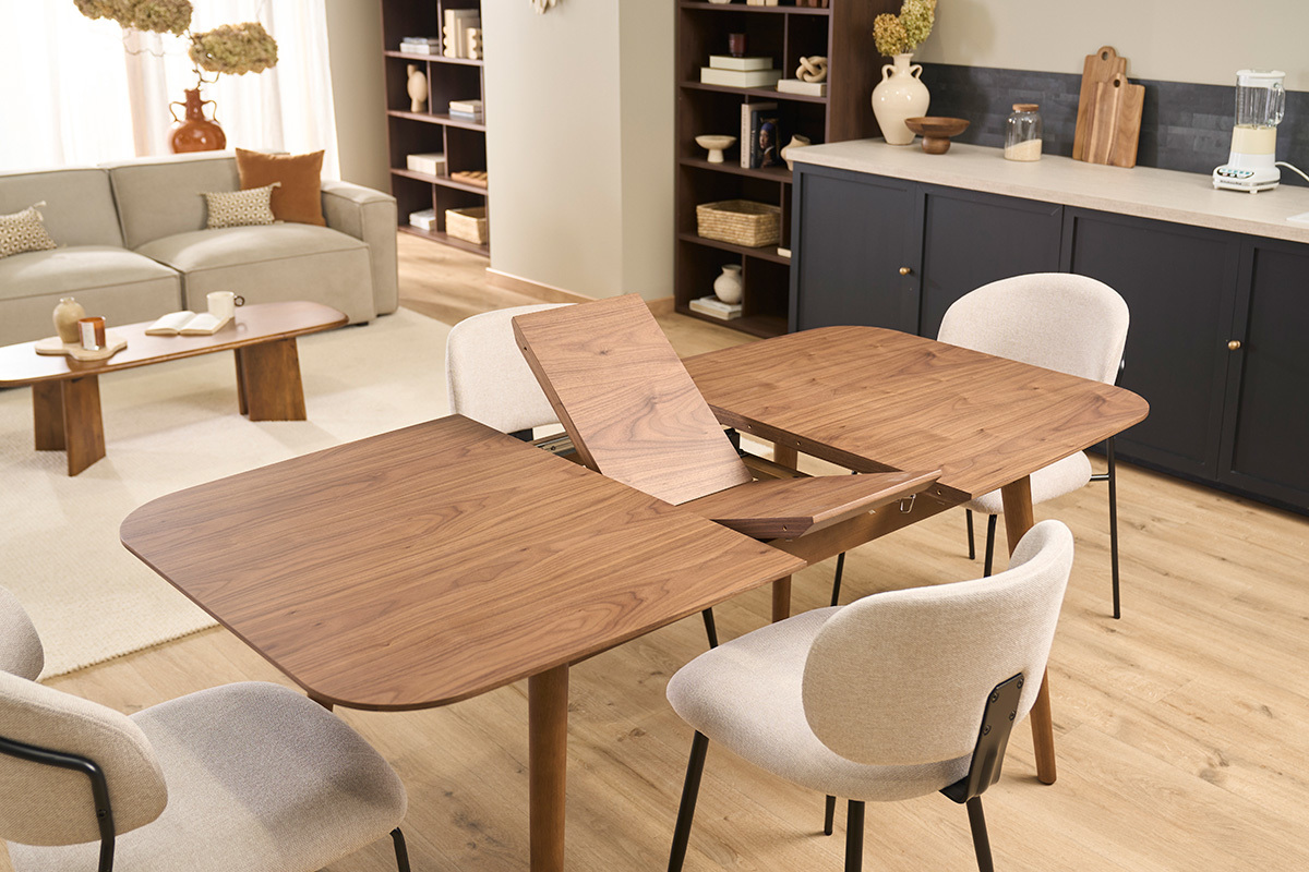 Table extensible rallonges int�gr�es rectangulaire en bois fonc� noyer L140-170 cm ANK