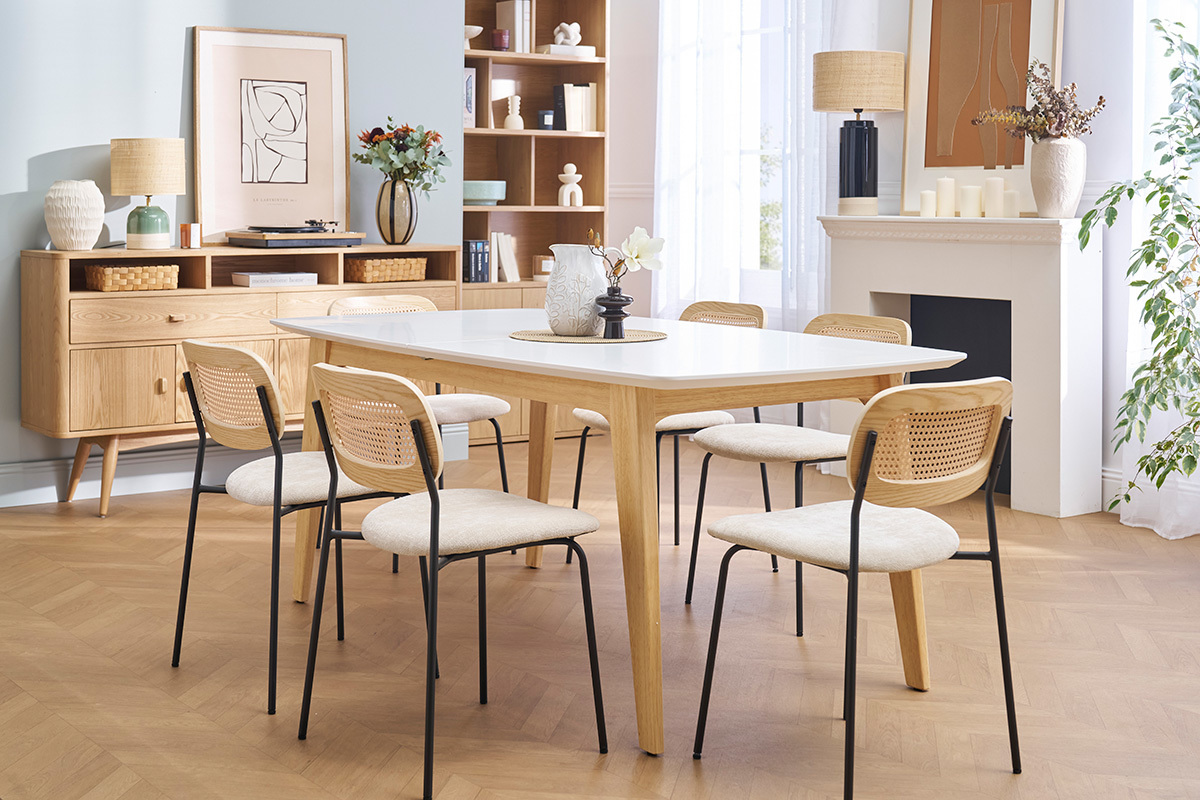 Table extensible rallonges intgres rectangulaire finition bois blanc et hva massif L180-230 cm FIFTIES