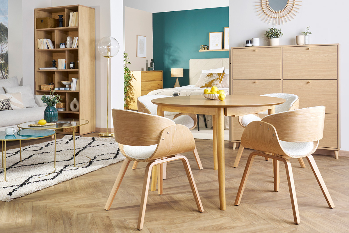 Table extensible rallonges intégrées ronde en bois clair chêne L115-154 cm EGO