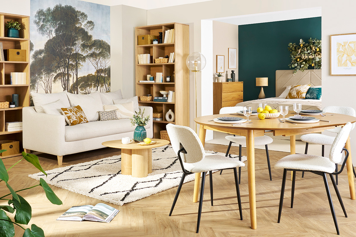 Table extensible rallonges intégrées ronde en bois clair chêne L115-154 cm EGO