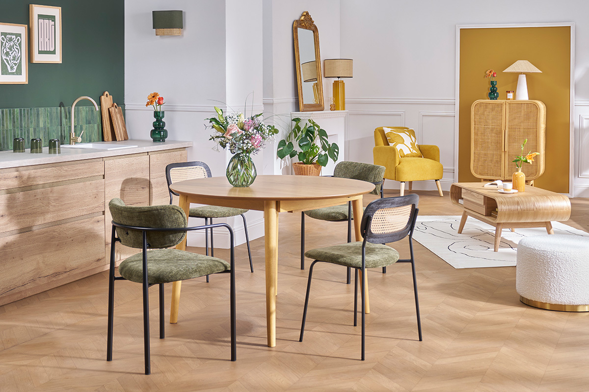 Table extensible rallonges intégrées ronde en bois clair chêne L115-154 cm EGO
