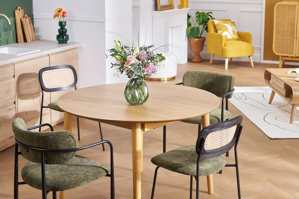 Table extensible rallonges intégrées ronde en bois clair chêne L115-154 cm EGO