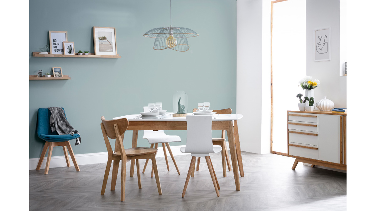 Table extensible scandinave blanc et bois L140-180 cm MEENA