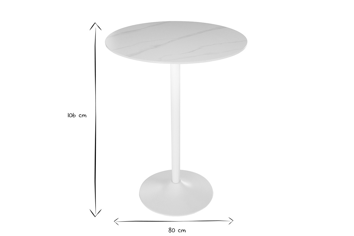 Table haute design ronde en c�ramique blanche et m�tal D80 cm MALOU