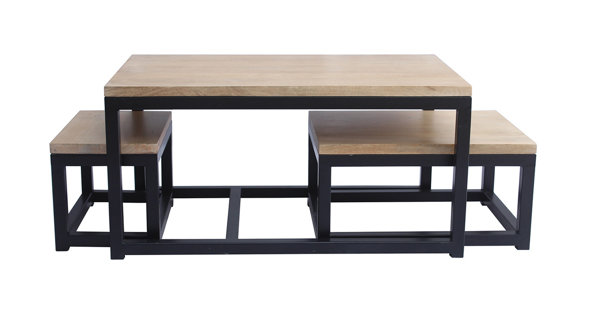 Tables basses gigognes bois clair manguier massif et mtal noir (lot de 3) FACTORY