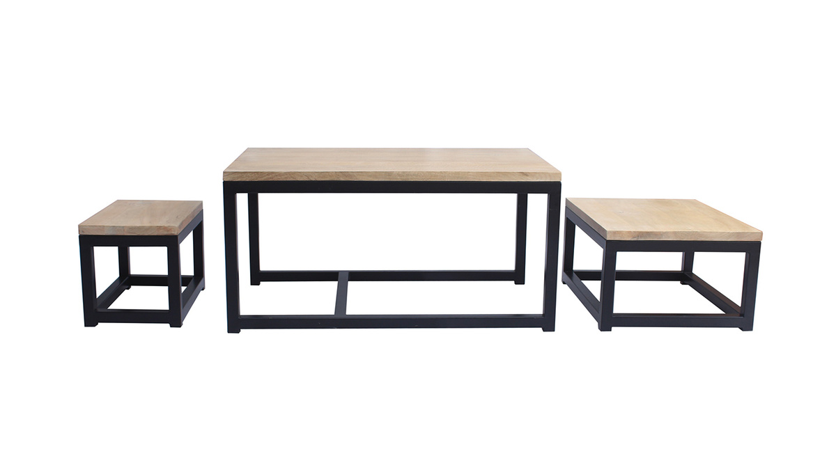 Tables basses gigognes bois clair manguier massif et mtal noir (lot de 3) FACTORY