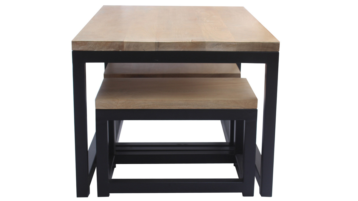 Tables basses gigognes bois clair manguier massif et mtal noir (lot de 3) FACTORY