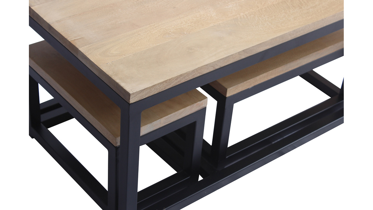 Tables basses gigognes bois clair manguier massif et mtal noir (lot de 3) FACTORY