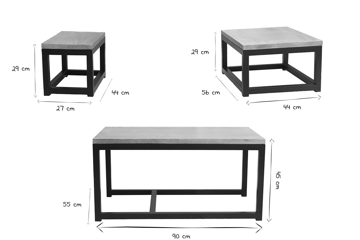 Tables basses gigognes bois manguier massif et mtal noir (lot de 3) FACTORY