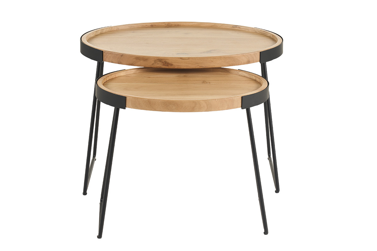 Tables basses gigognes bois massif et m�tal noir (lot de 2) ELAVO