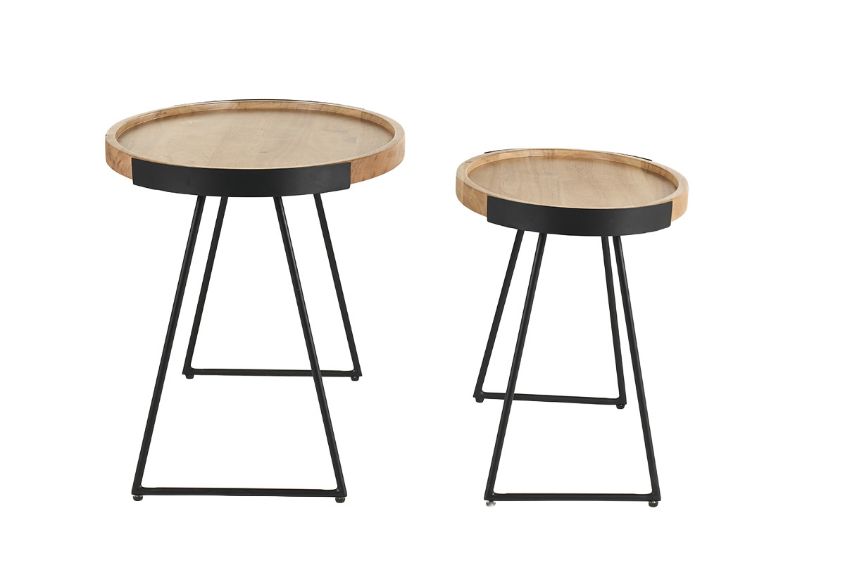 Tables basses gigognes bois massif et m�tal noir (lot de 2) ELAVO