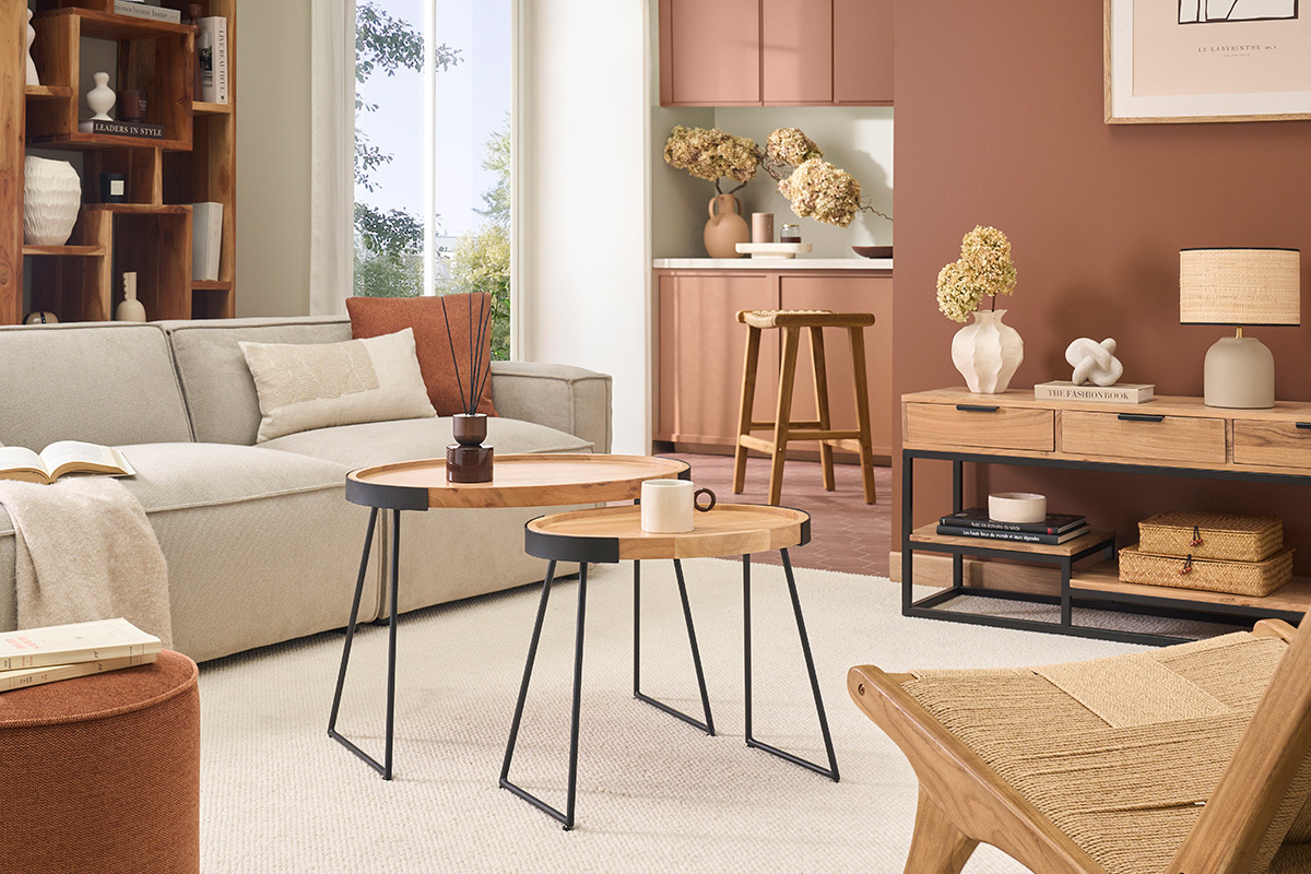 Tables basses gigognes bois massif et m�tal noir (lot de 2) ELAVO