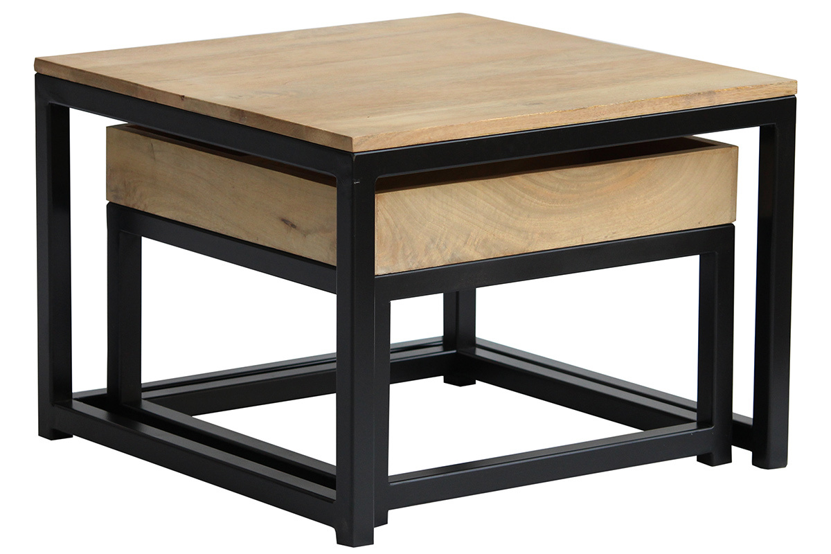 Tables basses gigognes carres bois clair manguier massif et mtal noir (lot de 2) FACTORY