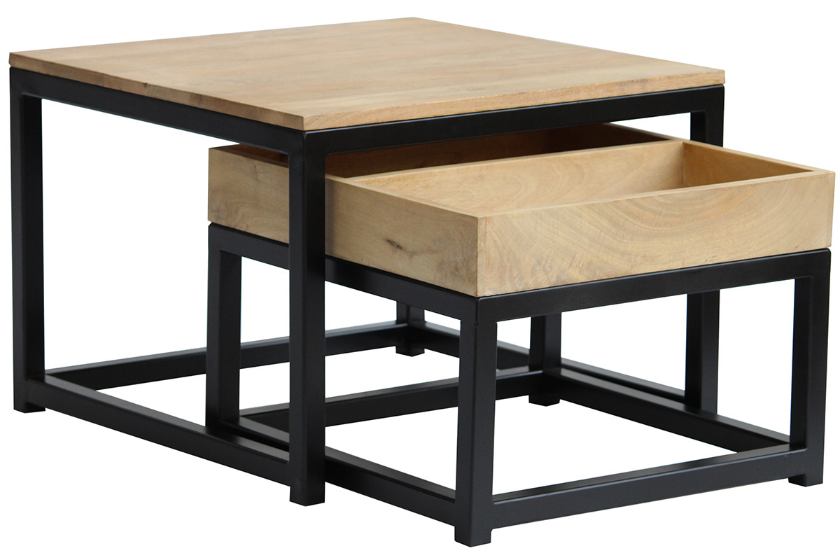 Tables basses gigognes carres bois clair manguier massif et mtal noir (lot de 2) FACTORY