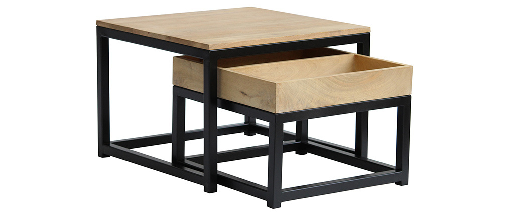 Tables basses gigognes carr�es en manguier et m�tal (lot de 2) FACTORY
