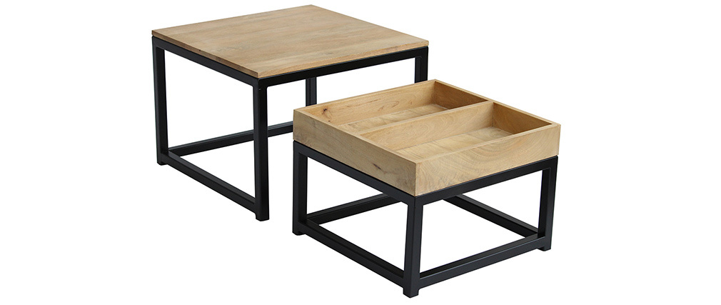 Tables basses gigognes carr�es en manguier et m�tal (lot de 2) FACTORY